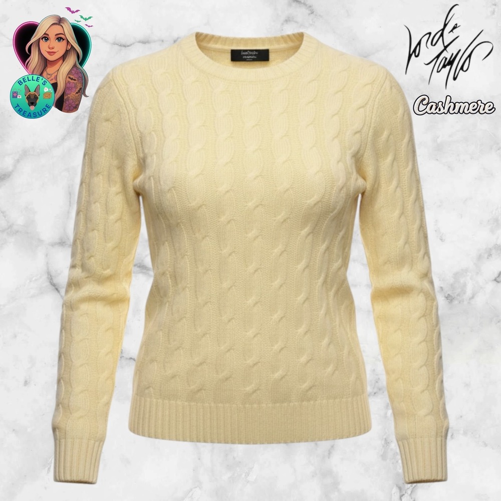 Lord & Taylor Cashmere Sweater Womens Petite‎ XS Pale Yellow Cable Knit Crewneck